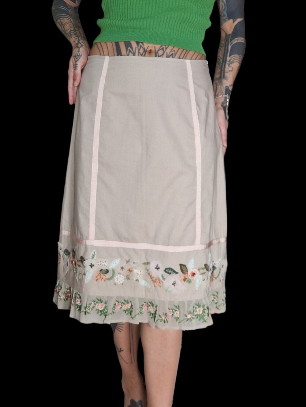 Vintage 90s Y2K Mix Nouveau Midi Skirt S Embroidered Floral Ruffle Hem Mori Kei